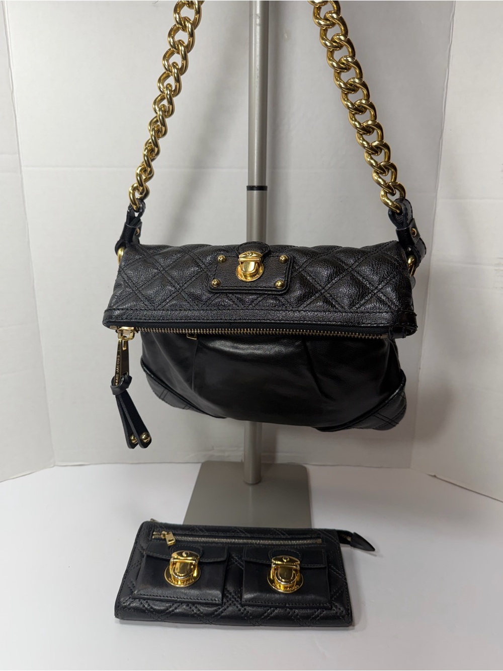Marc Jacobs Mayfair Quilted Chain Fold Over Shoulder Bag Blk Leather with wallet